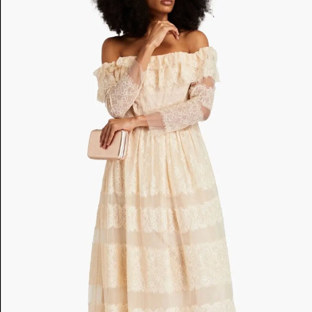 Mikael Aghal Off The Shoulder Corded Lace Maxi Dress Gown Champagne 6 NWT